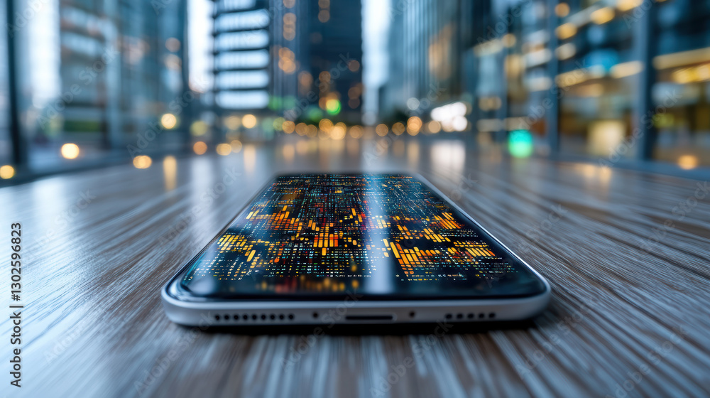 Poster smartphone screen displaying real time data trends in city setting