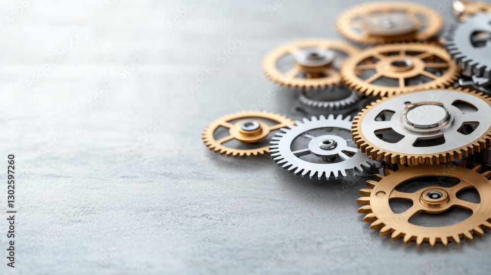 Poster gears in various sizes and materials create intricate mechanical design