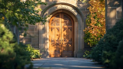 Ornate Wooden Doorway Framed by Autumn Foliage