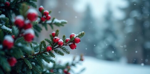 Tree with red berries and snowflakes in a frosty atmosphere, festive, winter