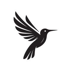 Obraz premium Abstract black and white bird illustration with a silhouette of a hummingbird, crow, and sparrow in flight, featuring wings, beak, and feathers in a simple, cute, and artistic design