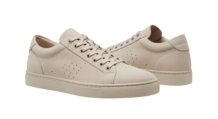 Stylish Beige Leather Sneakers: Minimalist Footwear Design. Isolated on Transparent Background. 