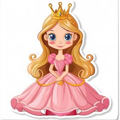 Cute cartoon princess character with long hair and crown in pink dress