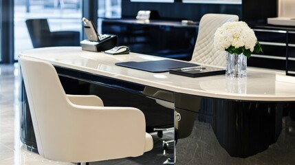 Elegant modern office reception desk with stylish chair and floral arrangement