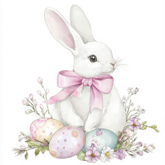 Obraz premium White Easter bunny with a bow on his neck and with Easter eggs 