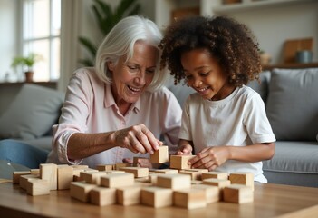 Fototapeta premium Joyful Family Moments: Diverse Grandmother and Granddaughter Playing Together with Wooden Blocks, Creating Happy Childhood Memories in Cozy Living Room
