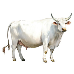 A white Indian brahmin bull with an extremely large, hard, and straight fat belly. The tail is long and thin, and the head has two horns. Full body shot, transparent background