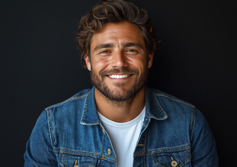 Fototapeta premium Smiling Man in Denim Shirt – Cinematic-Style Portrait Photography with Black Background, High-Quality Studio Shot, Professional Lighting, Perfect for Branding and Marketing Use