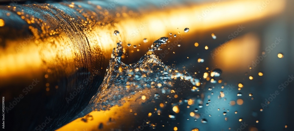 Poster close-up of water droplets splashing on the surface of an oil pipe, with reflections and light creat