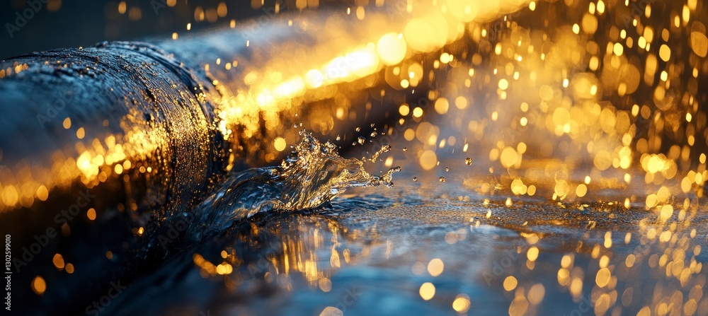 Poster close-up of water droplets splashing on the surface of an oil pipe, with reflections and light creat