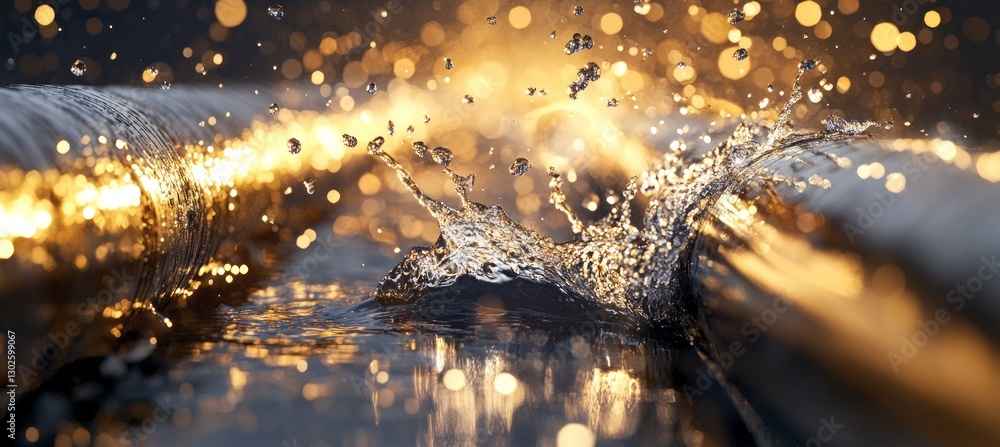 Poster close-up of water droplets splashing on the surface of an oil pipe, with reflections and light creat