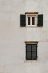 Elegant White Window with Green Shutters Framed by a Simple Wall