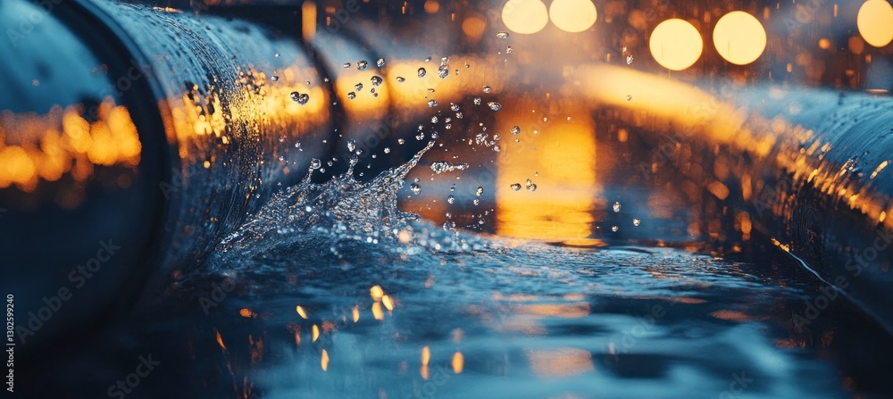 Poster close-up of water droplets splashing on the surface of an oil pipe, with reflections and light creat