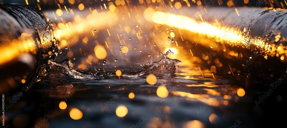 Poster close-up of water droplets splashing on the surface of an oil pipe, with reflections and light creat