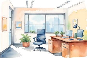 Watercolor Office Interior Illustration with Desk, Chair and City View