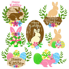 Happy Easter stickers with eggs bunny on wooden background