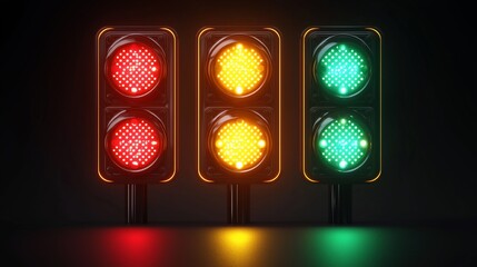Three traffic lights showing red, amber, and green.