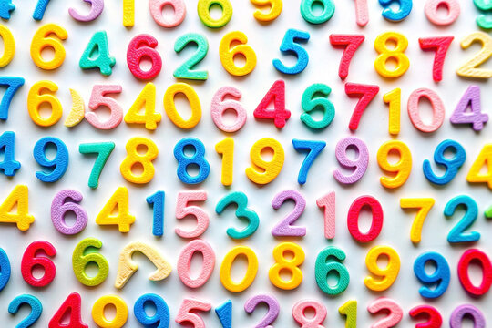 Colorful numbers scattered on white background. (3)