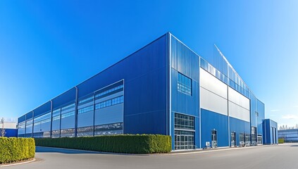 Obraz premium Modern Industrial Building Exterior with Blue Panels under Clear Sky