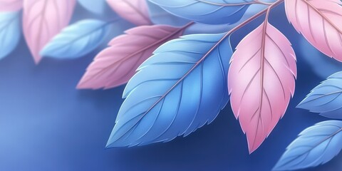 Botanical leaves in pastel gradient art. Pink and blue foliage form aesthetic background. Nature illustration with stylish design, brings decorative elegance.