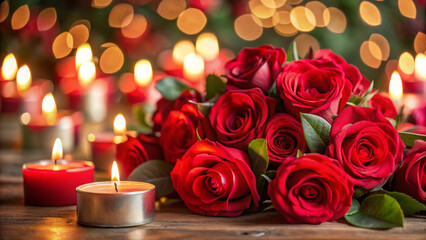 red roses and candles, A romantic arrangement of red roses with candlelight in the background