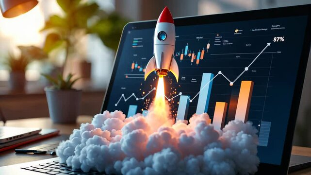 Launch to Success: A dynamic scene of a rocket launching from a laptop screen, symbolizing business growth and market expansion in a rapidly evolving digital landscape.