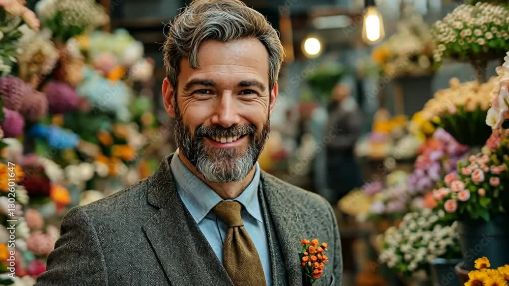 Poster man in a suit and tie stands in front of a flower shop. he is smiling and he is happy