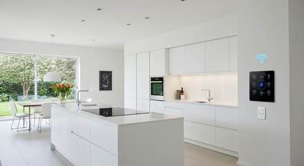 interior of new luxury modern Smart Home Kitchen &ndash; Minimalist Design with Integrated Technology