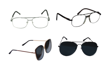 Close-up of different types of glasses isolated on transparent background png file.