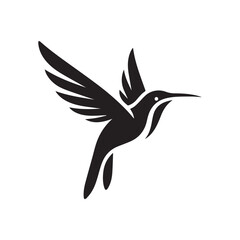 Abstract black and white bird illustration with a silhouette of a hummingbird, crow, and sparrow in flight, featuring wings, beak, and feathers in a simple, cute, and artistic design