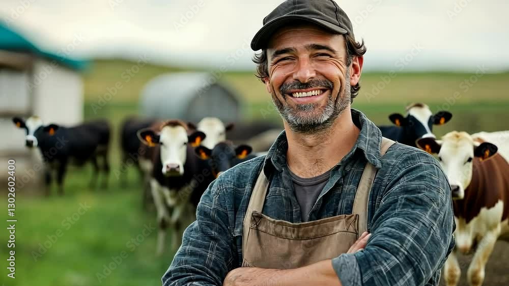 Poster man with a big smile is standing in a field with cows. he is wearing a hat and apron