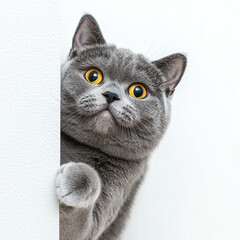 cat is clinging to the wall and shows off its cute face, white background. Generative AI