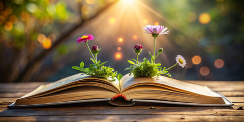 open book with flower, A surreal image of flowers growing out of a book, symbolizing growth and knowledge
