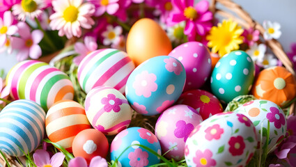 Fototapeta premium a basket filled with colorful decorated Easter eggs and flowers, creating a festive scene