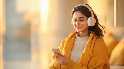 young indian woman wearing headphone holding mobile