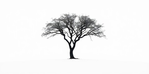 A lone tree stands stark against a pure white backdrop, branches reaching skyward, graphic, environment