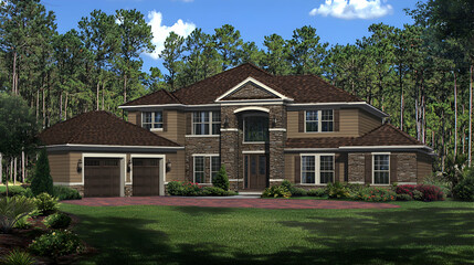 Large Two Story Brown Stone House with Garage and Landscaping