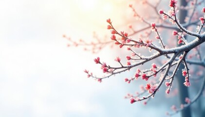 Delicate tree branches against a crisp white background, with soft morning light filtering through, calm, frost