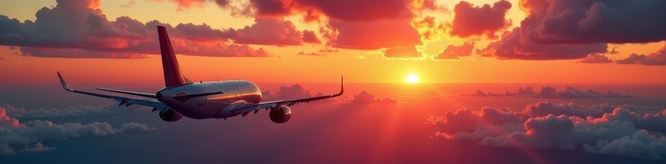 Flugzeug vor Sonnenuntergang mit Wolken und Kondensstraifen, sonnenaufgang, flughafen