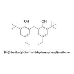 Bis(3-tert-butyl-5-ethyl-2-hydroxyphenyl)methane skeletal structure.Phenol Derivative compound schematic illustration. Simple diagram, chemical formula.