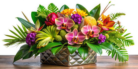 A tropical arrangement of orchids and exotic flowers in a modern, geometric vase, bouquet of flowers