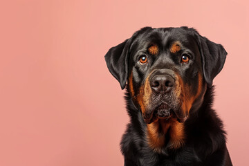 Rottweiler dog on minimalistic colorful background with Copy Space. Perfect for banners, veterinary ads, pet food promotions, and minimalist designs.