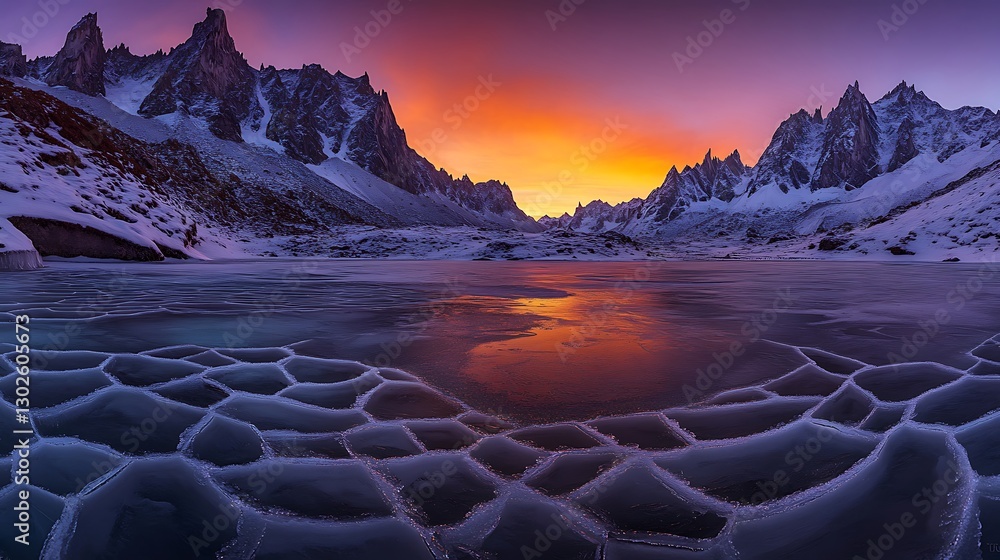 Poster a panoramic view of a frozen lake with crystal-clear ice patterns, surrounded by rugged snow-dusted 