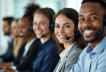 Naklejka premium Friendly Faces, Professional Service: Diverse Team of Customer Service Representatives with Headsets in a Bright, Cheerful Call Center Environment