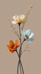 Obraz premium Three Distinct Flowers - Burnt Orange, Pale Blue, Creamy White - on Charcoal-Gray Stems against a Muted Taupe Background