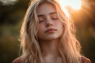 Fototapeta premium Young pretty blonde girl breathing fresh air in nature
