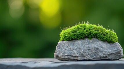 Fototapeta premium Early spring concept. A rock adorned with vibrant green moss, set against a blurred natural background.