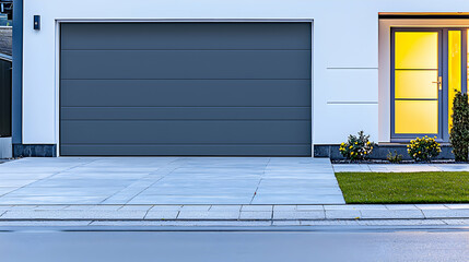 Modern Grey Garage Door on a Suburban House at Night