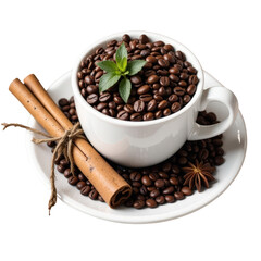 Fototapeta premium Cup of Coffee Beans with Cinnamon Sticks and Mint, transparent background