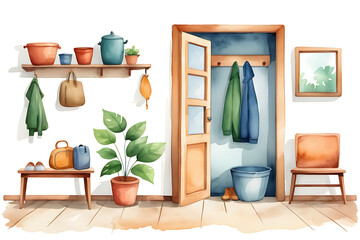 Watercolor Style Hallway Interior with Open Closet and Plant on Bench